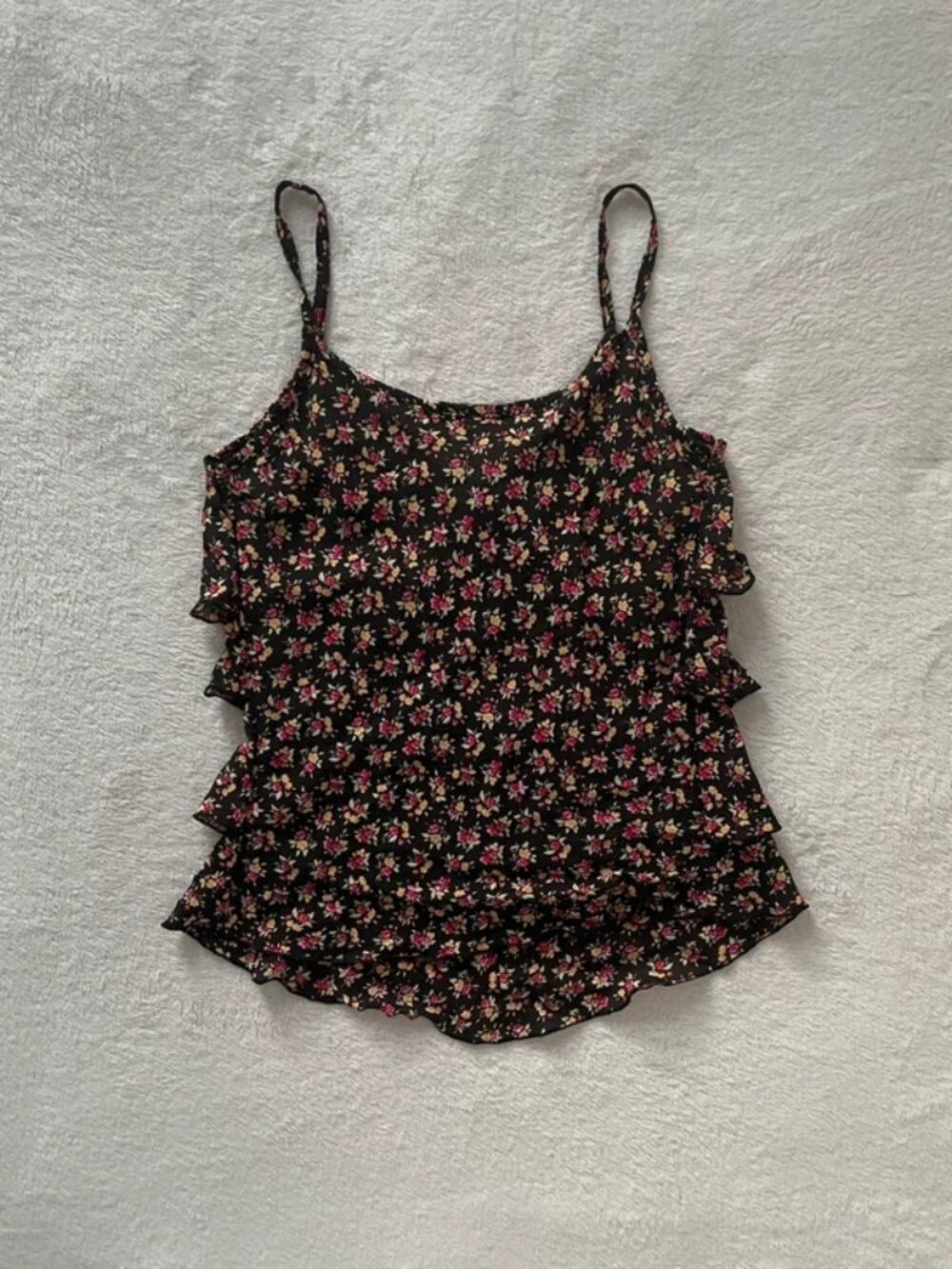 Vintage Y2K Black and Multi-Coloured Floral Tiered Cami Top Size S - Picture 2 of 5